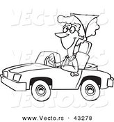 Vector of a Happy Senior Cartoon Woman Driving a Convertible Car - Coloring Page Outline by Toonaday