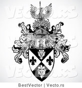 Vector of a Historic Black and White Knight Helmet Above Shield with a Phoenix Bird by BestVector