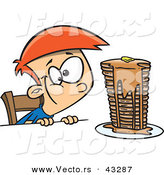 Vector of a Hungy Cartoon Boy Looking at a Stack of Pancakes Dripping with Syrup by Toonaday