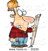 Vector of a Injured Cartoon Carpenter Looking at a Nail Through His Hand While Holding a Hammer and Wood Board by Toonaday