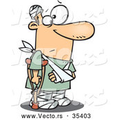 Vector of a Injured Cartoon Man with a Crutch, Broken Arm, and Bandages Around His Head and Feat by Toonaday