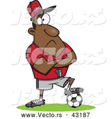 Vector of a Intimidating Cartoon Black Coach Waiting with Arms Crossed and His Foot Resting on a Soccer Ball by Toonaday