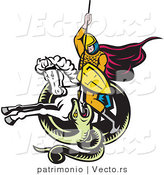Vector of a Knight Attacking Snake Spear While on a White Horse - Retro Style by Patrimonio