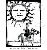 Vector of a Knight on a Horse with Sun Character in the Sky - Black and White Woodcut by Xunantunich