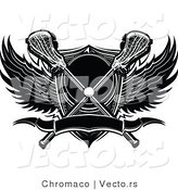 Vector of a Lacrosse Ball and Sticks over Shield with Wings and Banner - Black and White by Chromaco