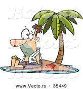 Vector of a Lonely Cartoon Shipwrecked Man Sitting on a Tiny Tropical Island by Toonaday