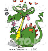 Vector of a Love Struck Cartoon Dragon Holding a Purple Flower with Hearts Floating Above His Head by Toonaday