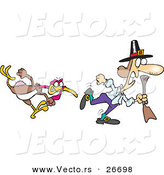 Vector of a Mad Cartoon Turkey Chasing a Pilgrim Man with Hunting Rifle by Toonaday
