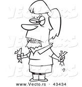 Vector of a Mad Cartoon Woman Eating a Resolutions List - Coloring Page Outline by Toonaday