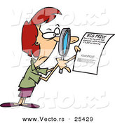 Vector of a Mad Cartoon Woman Reading Fine Print on a Legal Contract with a Magnifying Glass by Toonaday