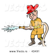 Vector of a Male Caucasian Fireman in a Uniform and Red Hardhat, Operating a Water Hose by LaffToon
