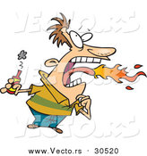 Vector of a Man Breathing Fire While Holding Bottle of Burning Hot Sauce - Cartoon Style by Toonaday