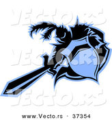 Vector of a Medieval Cartoon Knight Mascot Thrusting Forward with a Sword and Shield - Black and Blue by Chromaco
