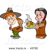 Vector of a Native American Cartoon Woman Offering a Pilgrim Thanksgiving Turkey and Corn by LaffToon