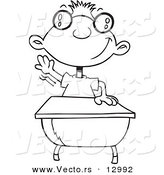 Vector of a Nerdy Cartoon School Boy Raising His Hand - Coloring Page Outline Version by Toonaday