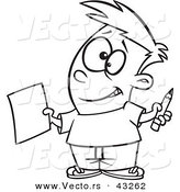 Vector of a Nervous Cartoon Boy Holding out a Sheet of Paper and a Pencil - Coloring Page Outline by Toonaday