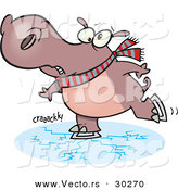 Vector of a Nervous Cartoon Hippo Skating on Thin Ice by Toonaday