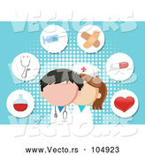 Vector of a Nurse and Doctor with Medical Icons on a Blue Background by