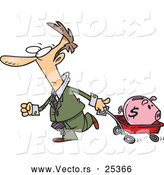 Vector of a Panicking Cartoon Businessman Transporting His Piggy Bank with a Wagon by Toonaday