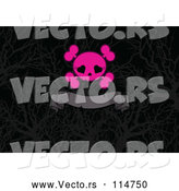 Vector of a Pink Girly Love Heart Eye Socket Skull and Crossbones over a Gray Ribbon Banner on Silhouetted Branches by Pushkin