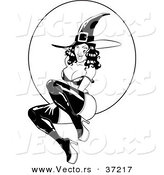 Vector of a Pin-Up Girl Witch in Front of Full Moon - Black and White Line Art by Lawrence Christmas Illustration