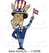 Vector of a Politician Cartoon Democratic Donkey in a Suit, Waving an American Flag by Patrimonio
