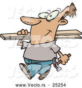 Vector of a Positive Cartoon Man Carrying a Hammer and Wood by Toonaday