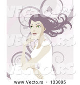 Vector of a Pretty Lady with Long Hair, Looking off into the Distance over a Background of Swirls by AtStockIllustration