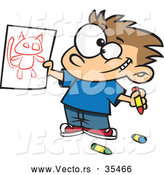 Vector of a Proud Cartoon Boy Showing His Cat Drawing by Toonaday