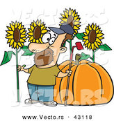 Vector of a Proud Cartoon Farmer with a Green Thumb Standing Beside His Big Sunflowers and Pumpkin by Toonaday