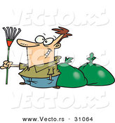Vector of a Proud Cartoon Man Holding a Rake While Standing Beside a Couple Bags Full of Leaves by Toonaday