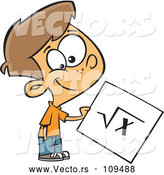 Vector of a Proud Cartoon School Boy Holding Square Root Math Page by Toonaday