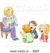 Vector of a Proud Cartoon Teacher Showing a Picture Book to Her Students by BNP Design Studio