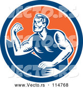 Vector of a Retro Arm Wrestling Man in a Blue White and Orange Circle by Patrimonio