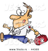 Vector of a Rushing Cartoon Male EMT Carrying a First Aid Kit by Toonaday
