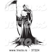 Vector of a Ruthless Grim Reaper Intimidatingly Standing with a Scythe While Pointing His Finger at You - Black and White by Lawrence Christmas Illustration