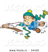 Vector of a Scared Cartoon Boy Falling off His Snow Sled by Toonaday