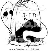 Vector of a Scared Ghost Hiding Behind a Tombstone - Black and White Line Art by Lawrence Christmas Illustration