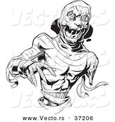 Vector of a Scary Mummy Reaching Forward - Black and White Line Art by Lawrence Christmas Illustration