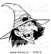 Vector of a Scary Witch Laughing - Black and White Line Art by Lawrence Christmas Illustration