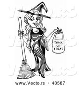 Vector of a Sexy Cartoon Halloween with Candy Bag and Broom Stick - Black and White by LaffToon