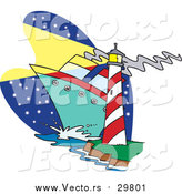 Vector of a Ship Passing Beside a Light House - Cartoon Style by Toonaday