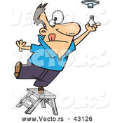 Vector of a Short Cartoon Man Standing on a Ladder While Trying to Install a Light Bulb by Toonaday