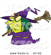 Vector of a Short Cartoon Witch Walking with Broomstick over Her Shoulder on Halloween by Toonaday