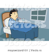 Vector of a Sick Asian Man Laying in Bedroom with a Thermometer in His Mouth by Mayawizard101