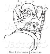 Vector of a Sick Cartoon Girl Resting in Bed with Teddy Bear - Line Drawing by Toonaday