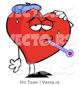 Vector of a Sick Cartoon Love Heart Wearing Ice Pack While Checking Temperature with Thermometer by Hit Toon
