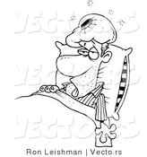 Vector of a Sick Cartoon Man Resting in Bed with Ice Pack over Head - Line Drawing by Toonaday