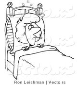 Vector of a Sick Cartoon Woman Laying in Bed with a Fever - Line Drawing by Toonaday