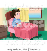 Vector of a Sick Young Man Sitting in Bed with a Thermometer and Glass of Water by Mayawizard101